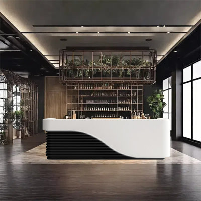 102.36" Bar Counter Front Desk with Wine Storage, Lockable Drawers, and Dual Function
