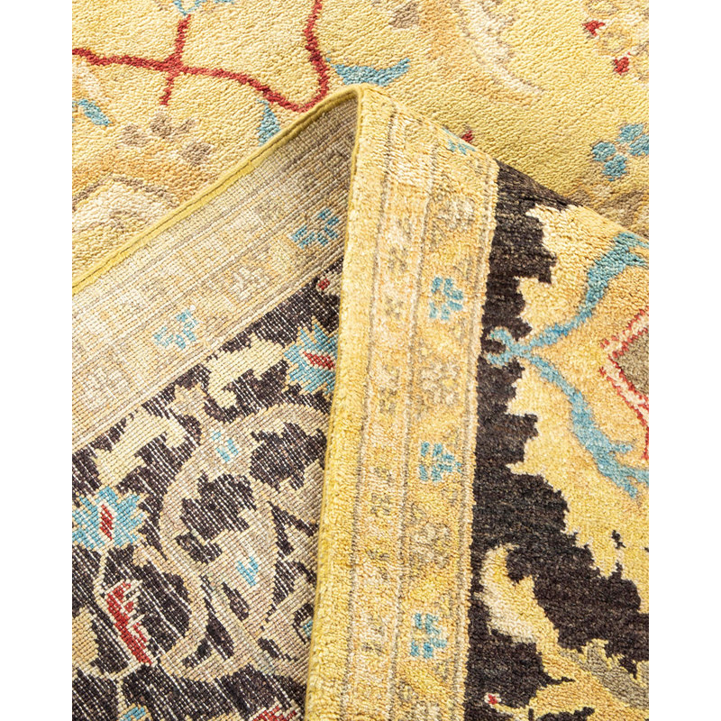 Tapis unique en laine noué à la main 9 pi 5 po x 12 pi nouvel âge Casheena en ivoire / brun / lime