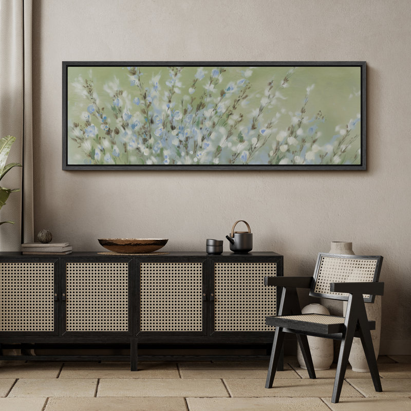 «Blue Green Wildflowers» - Impression sur toile encadrée surdimensionnée, H 20 po x l 60 po, Noir, noir, noir, noir