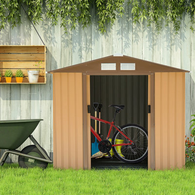 Remise de rangement extérieure jaune 7 pi x 4 pi, acier galvanisé, 4 fentes de ventilation, 2 portes coulissantes, structure en acier spacieuse pour utilisation dans le garage, évents, outils de jardin, entretien de la pelouse,