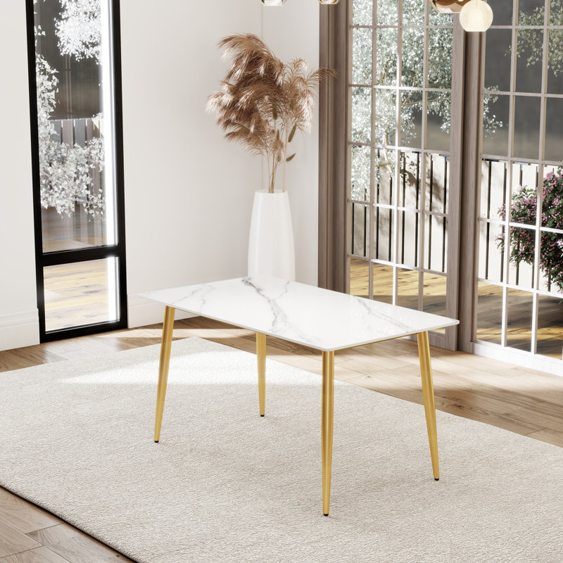 4-Legs Modern Sintered Stone Top Dining Table, White/Gold