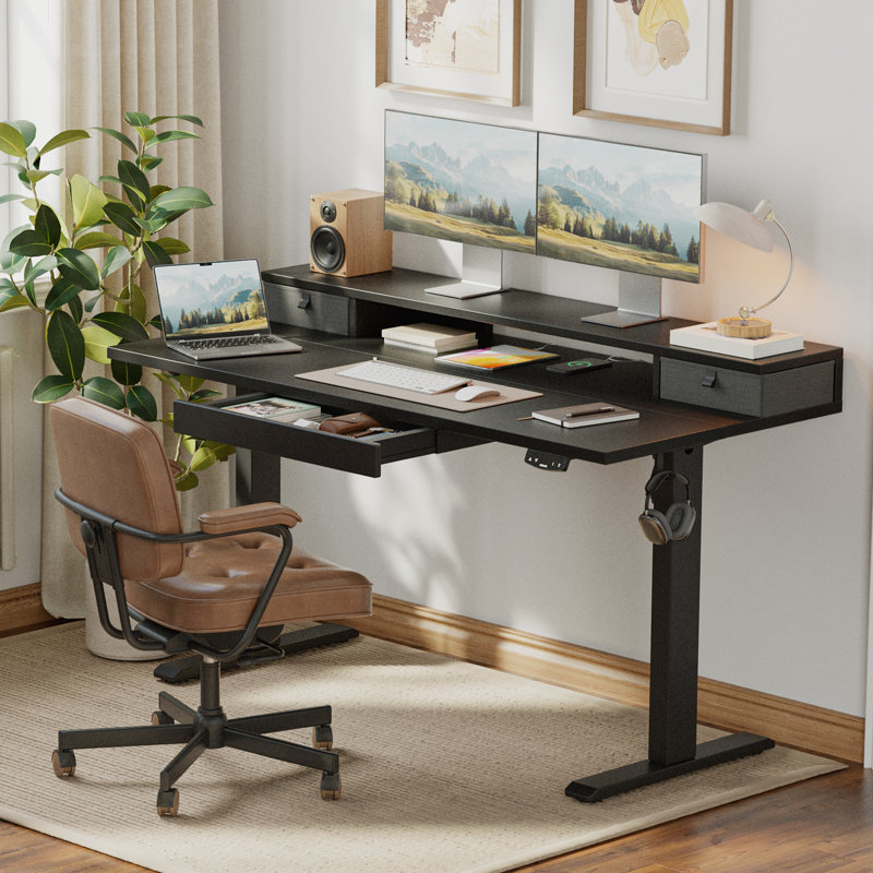 Electric Height Adjustable Desk with Storage Shelf,Standing Desk with 3 Drawers for Home Office, Black/Black