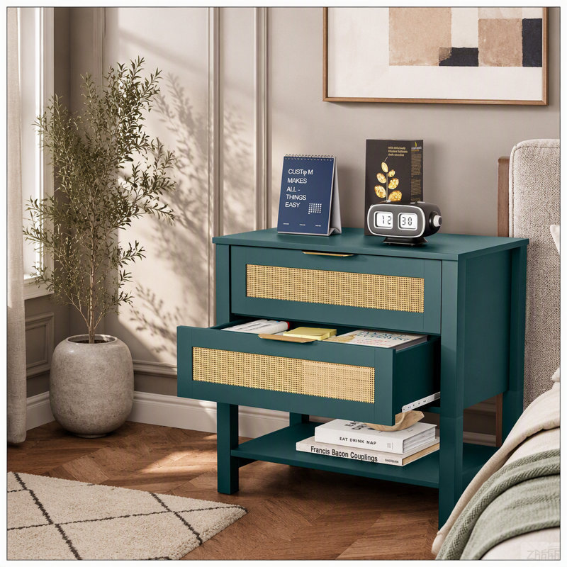 Table de chevet étroite en rotin avec 2 tiroirs et tablette de rangement Boho, Vert
