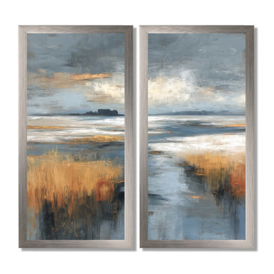 «Golden Path In The France Countryside», paysages, impressions sur toile abstraites grises, 2 pièces