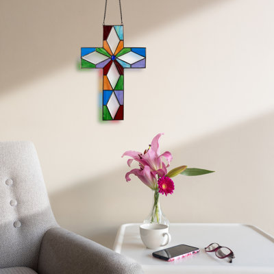 15"H Tiffany-Style Cross Stained Glass Window Panel