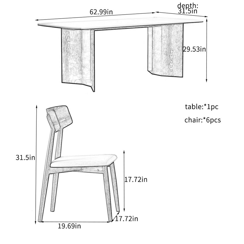 Rock-slab Dining Table With Solid Oak Chairs., 29.53"H x 62.99"L x 31.5"W