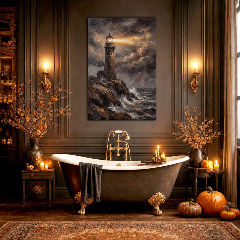 Phare sur la côte rocheuse avec faisceau lumineux - Toile murale d'Halloween, 24"H x 18"W
