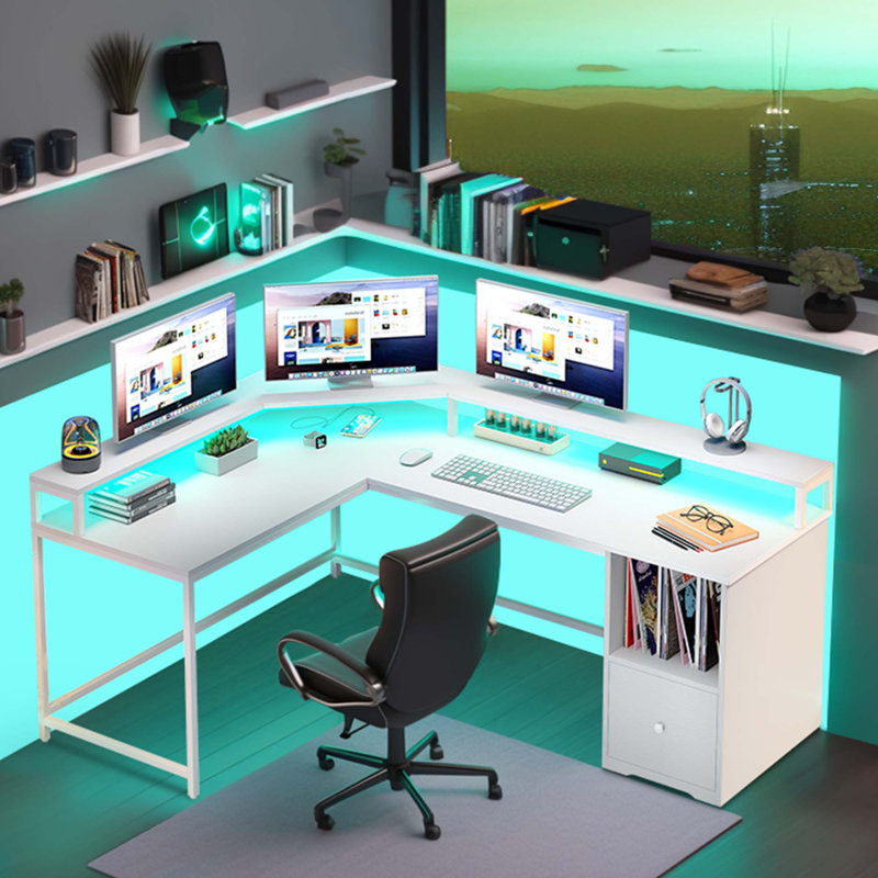 Monge 67'' L-Shape Wood Desk Computer Table with LED Light & Power Outlets, White