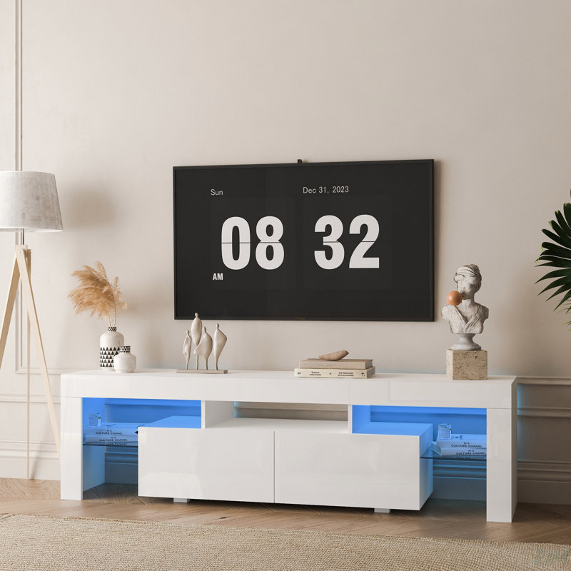 High Gloss TV Stand With LED Lights For Tvs Up To 65'', Modern TV Console With Storage Cabinets For Living Room (TV Stand)