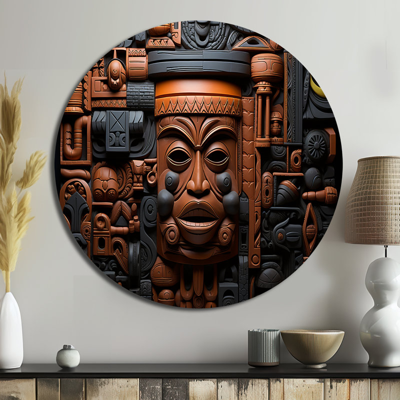 Masque africain brun et noir à motif de Kuba, H 16 po x l 16 po