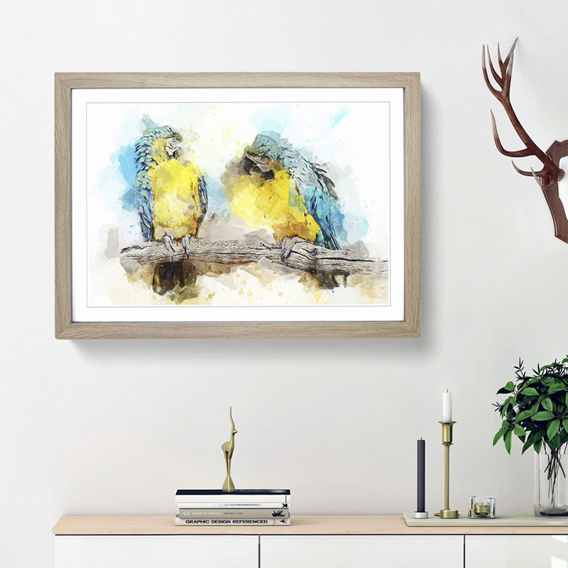 Two Blue and Yellow Macaw Parrots in Abstract - Picture Frame Painting Print, 27cm H x 36cm W x 2cm D, Oak Framed
