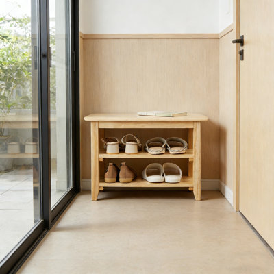 Wooden Storage Bench Shoe Rack — Rustic Solid Wood Entryway Bench