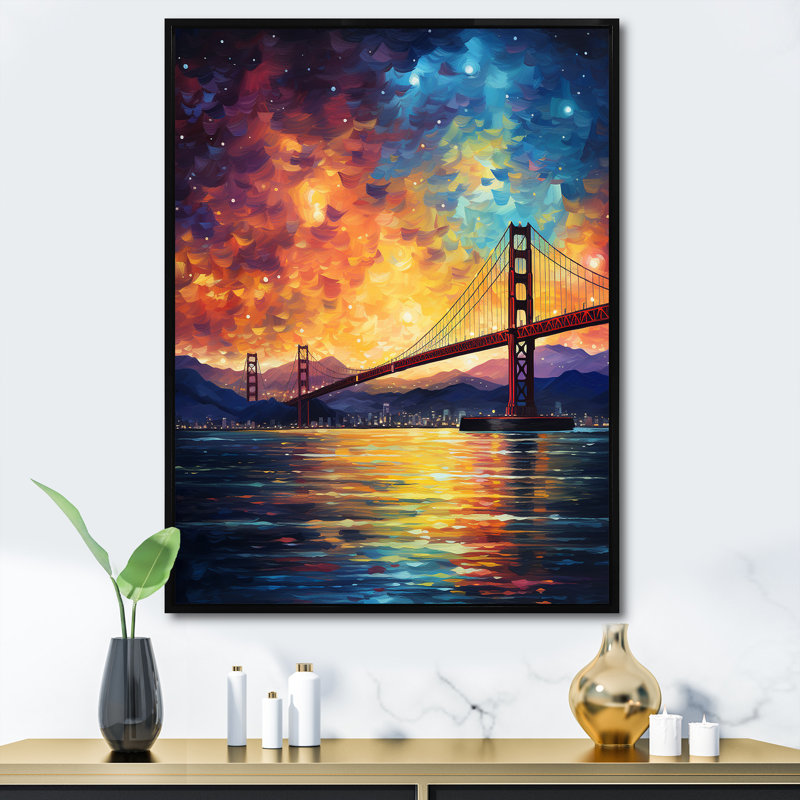 Nuit étoilée sur le pont de San Francisco - art mural Vangogh, Cadre doré simple, H 44 po x l 34 po x P 1,5 po