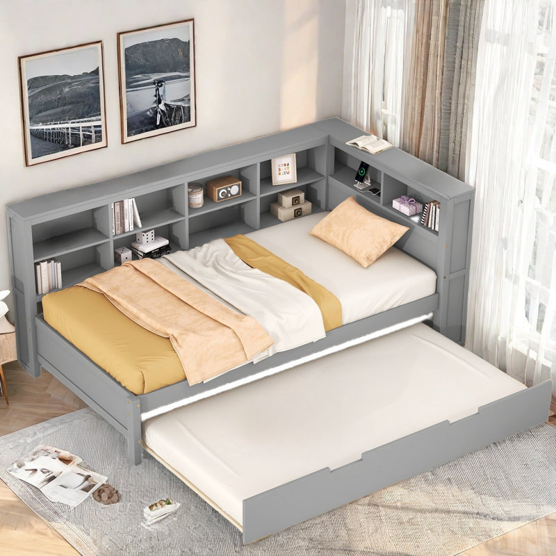 Wooden Daybed With Twin Size Trundle, Storage Shelf And Usb Charging Ports, Gray, Twin