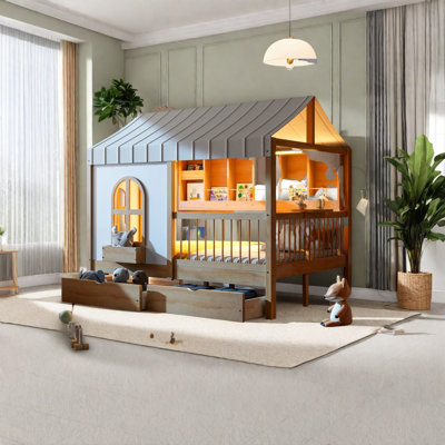 Lit double naturel avec rangement et bibliothèque à DEL