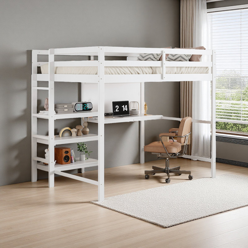 Lit mezzanine simple en bois avec tablettes, bureau et tableau d'écriture, Blanc