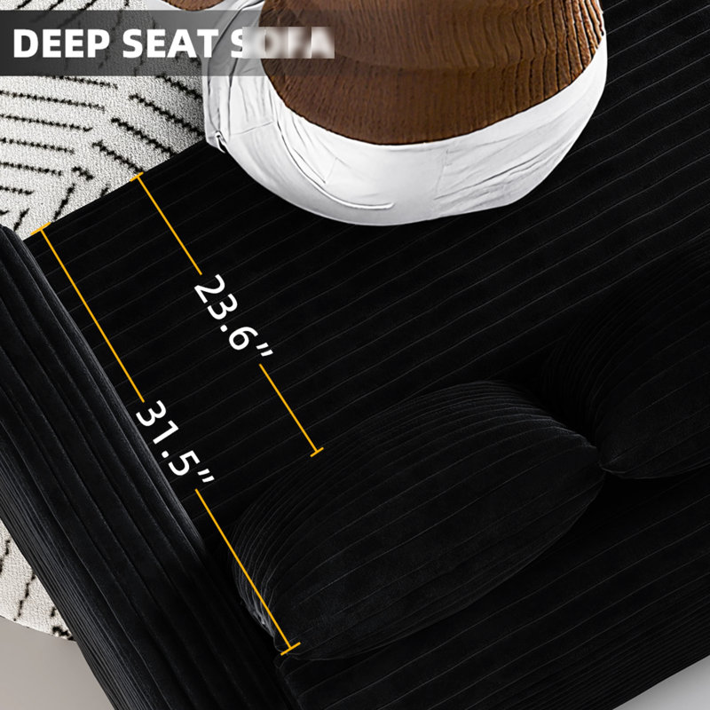 82,7 po. 3 velours côtelé noir, assise profonde, confortable pour 3 adultes, éponge à haute densité