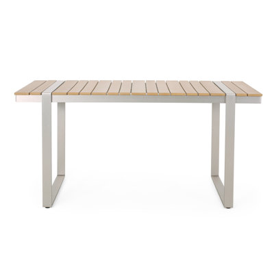  Stylish Outdoor Aluminum Dining Table with Sleek Wood-Look Top, Perfect for Dining and Entertaining Guests, Rectangular Weather-Resistant Design, Silver and Wood Finish