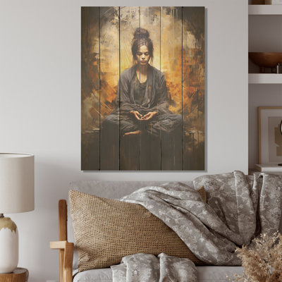Black And Gold Yogic Meditation - Yoga Wood Panel Wall Art On Natural Pine Wood