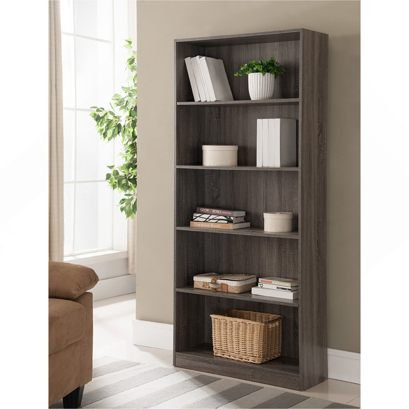 Vitrine à cinq tablettes en bois avec moulure de couleur gris