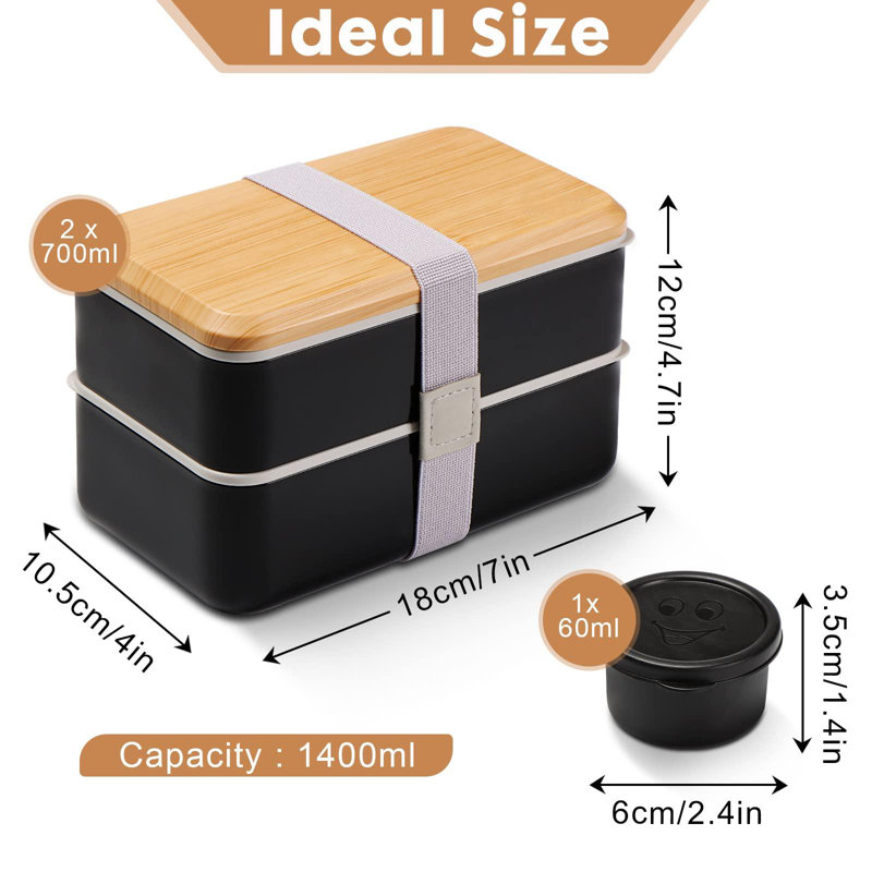 Boîte à bento empilable avec compartiments, 47 oz (noir)
