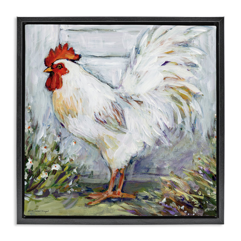 «Rooster in Flower Garden Floater», art mural par Susan Winget, H 18 po x l 18 po, Cadre flottant noir de jais