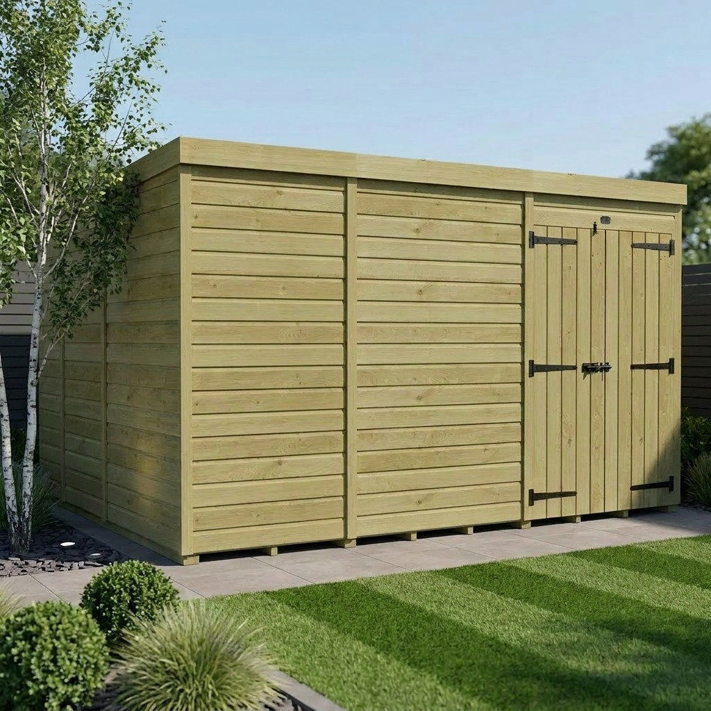 Total Sheds 11ft x 9ft Pent Garden Shed - Double Door - No Windows - Pressure Treated Timber - UK Manufactured