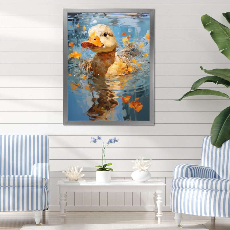 Yellow Ducklings Pond Reflections - Art mural animal de canard, Encadrement doré, H 44 po x l 34 po
