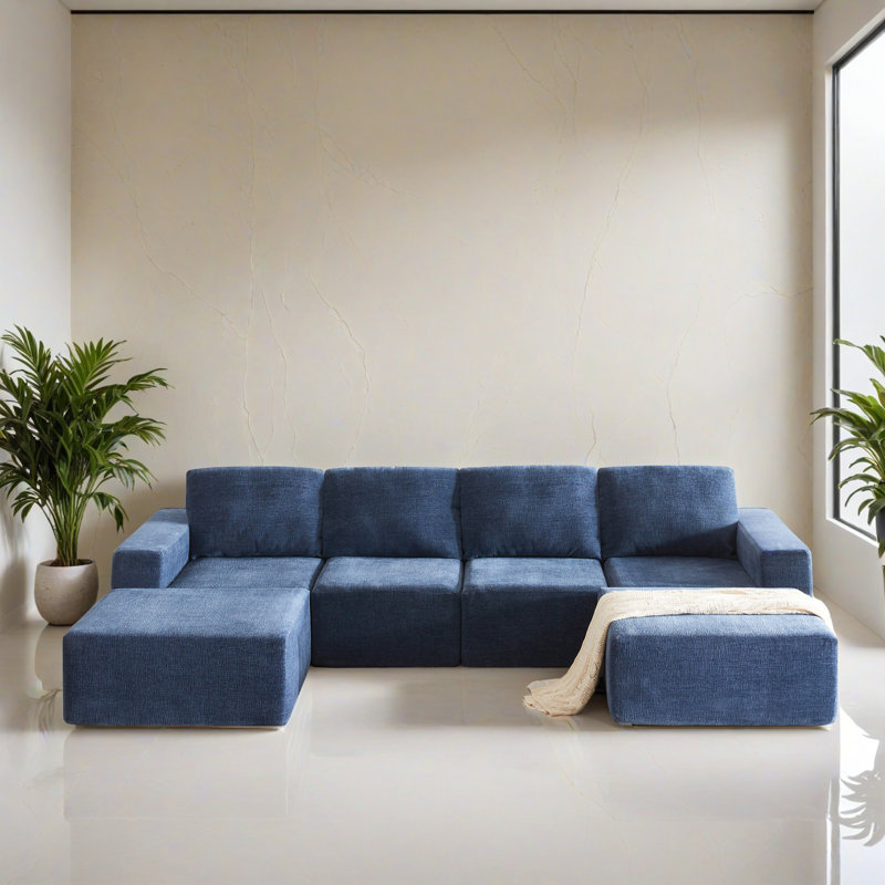 Canapé-lit modulaire 6 pièces pour salon, Chenille bleu marine