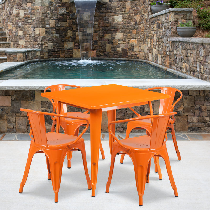 Feodora 31.5'' Square Metal Indoor-Outdoor Table Set with 4 Arm Chairs, Orange