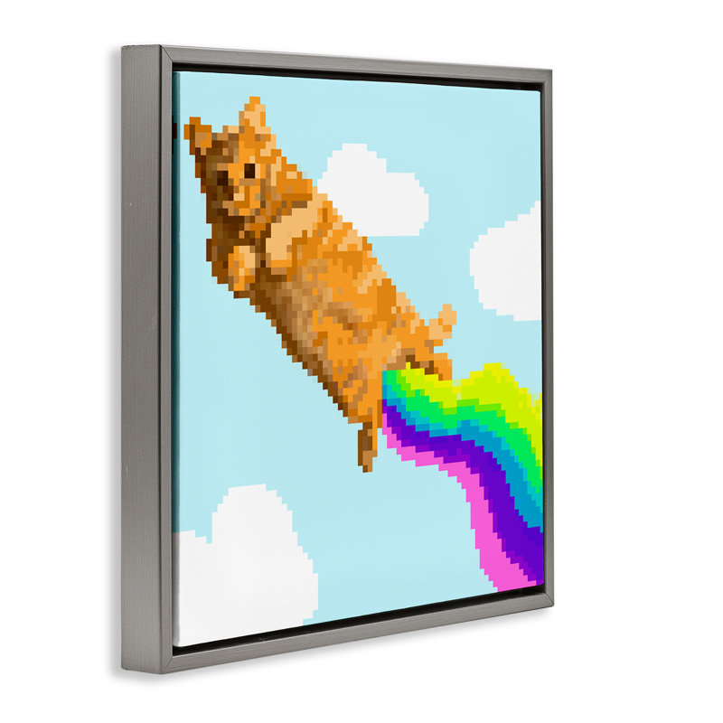 «Flying Rainbow Pixel Cat», art mural sur toile flottante par June Erica Vess, Cadre flottant gris lustré, H 25 po x l 25 po
