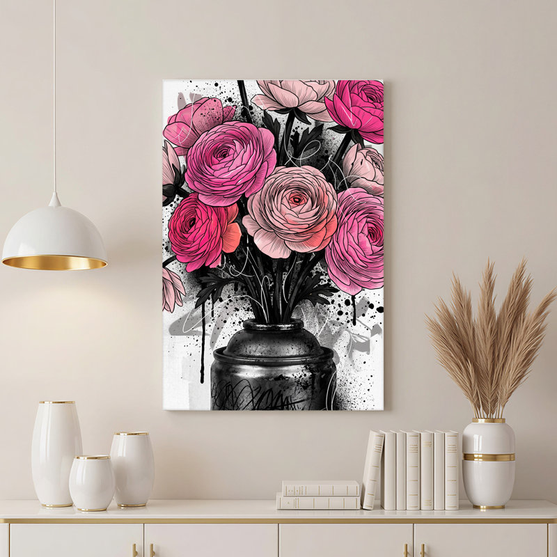 Art floral sur toile en forme de pot de fleurs roses et renoncules roses, H 30 po x l 20 po