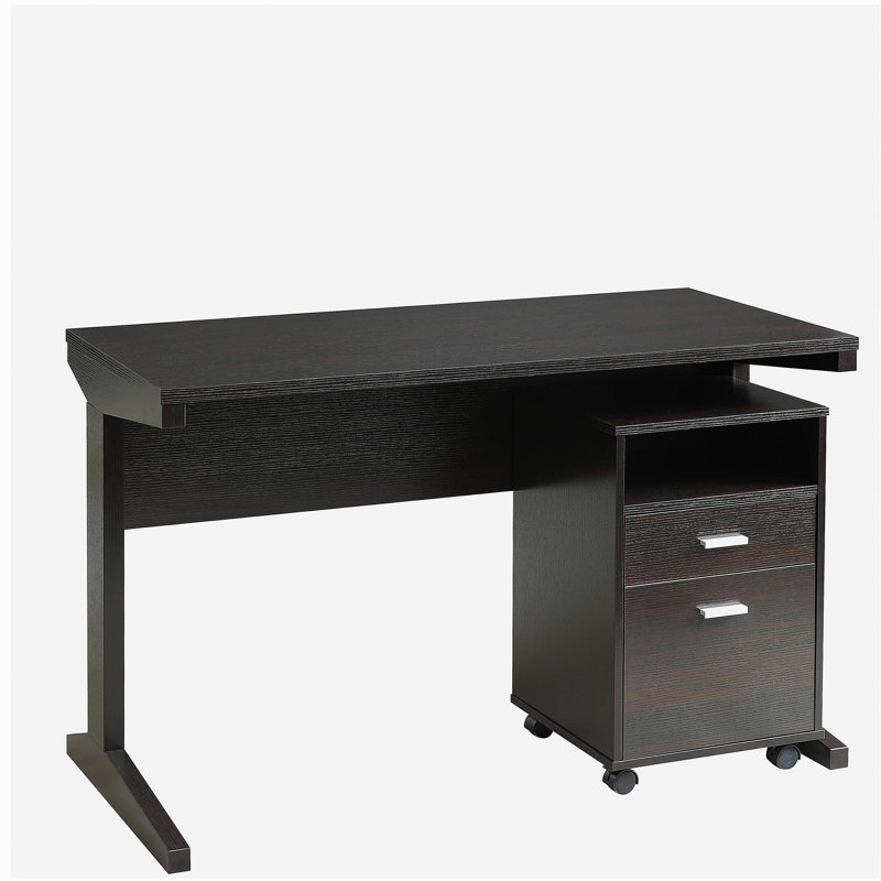 Bureau à domicile avec panneau de modestie et classeur détaché sur roulettes verrouillables avec deux tiroirs classeur à casiers barre de métal poignée couleur rouge cacao
