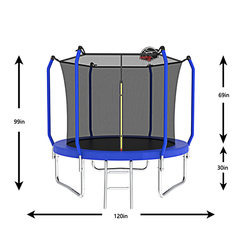 Blue 10FT Round Trampoline with Enclosure and Basketball Hoop