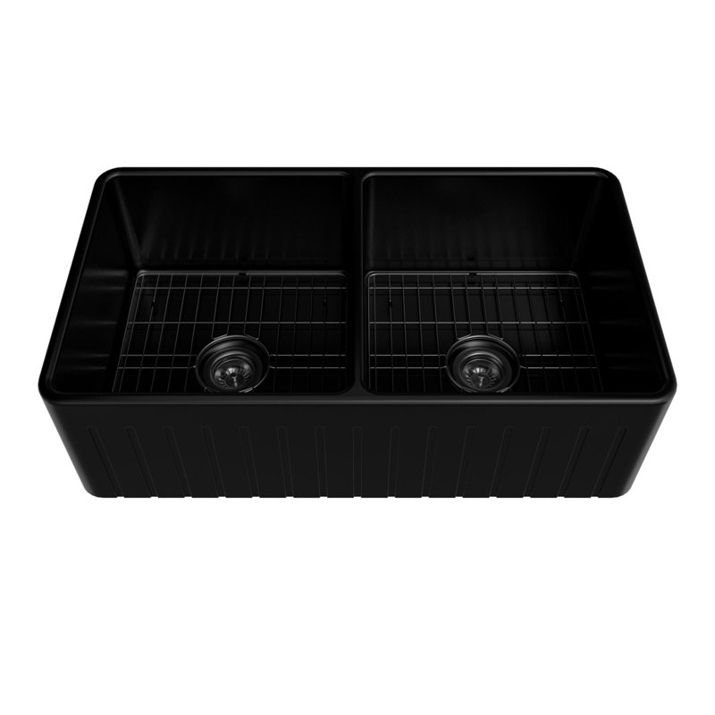 Évier de cuisine de ferme à double cuve avec accessoires L 33 po x l 18 po, Noir