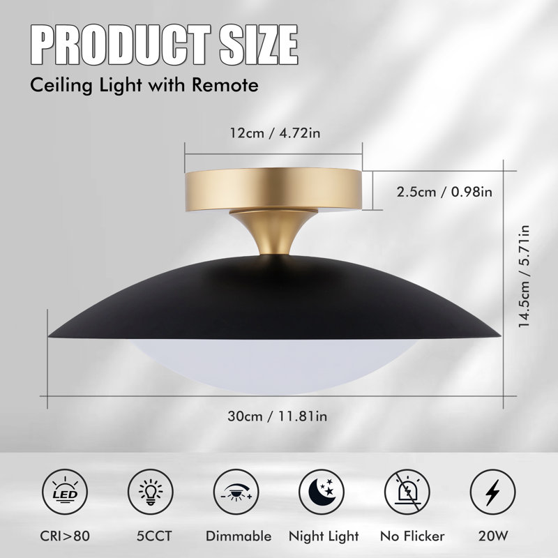 11.8'' 5CCT LED Flush Mount Dimmable with Remote, Black-Gold