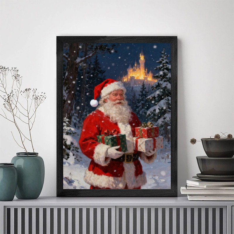 Cadre noir encadré noir, cadeau de père Noël, art mural classique, peinture à l'huile, H 25 po x l 17 po