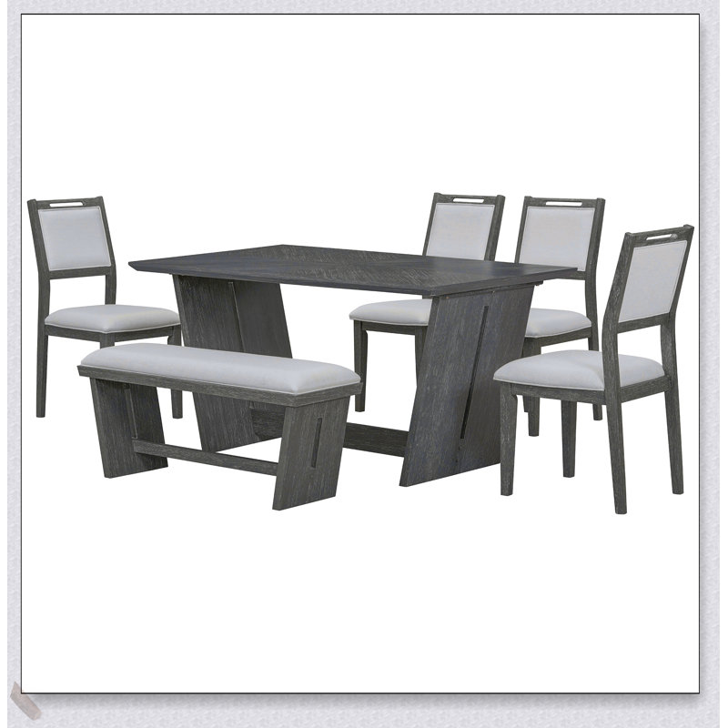 Ensemble de table de salle à manger 6 pièces avec base à tréteaux, table en bois de 60 pouces, 4 chaises et banc pour des réunions de famille douillettes