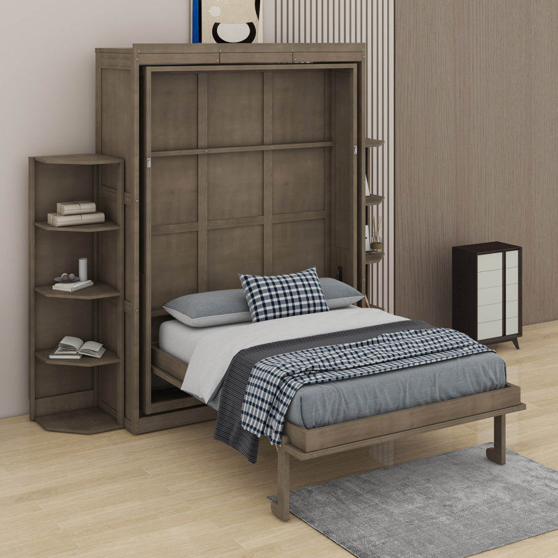 Grand lit escamotable avec bureau convertible, 2 tablettes latérales à 3 niveaux et supports de rangement supplémentaires, armoire murale pivotante en bois