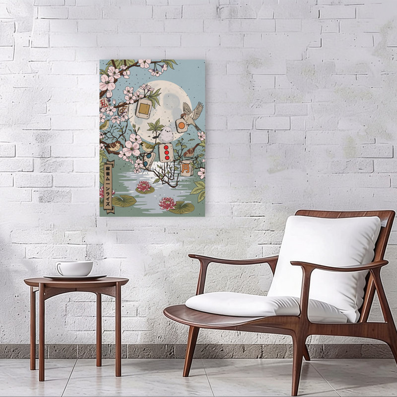 Moonlit Mahjong Birds Peaceful Abstract Contemporary Bird Cherry Lily Nature Spring Wall Art Print, 91.44cm H x 60.96cm W