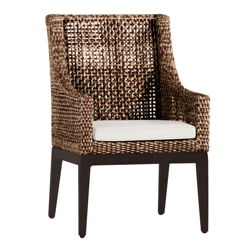 Peninsula Patio Dining Armchair with Cushions, No Welt, Natural White, Mahogany/Chestnut