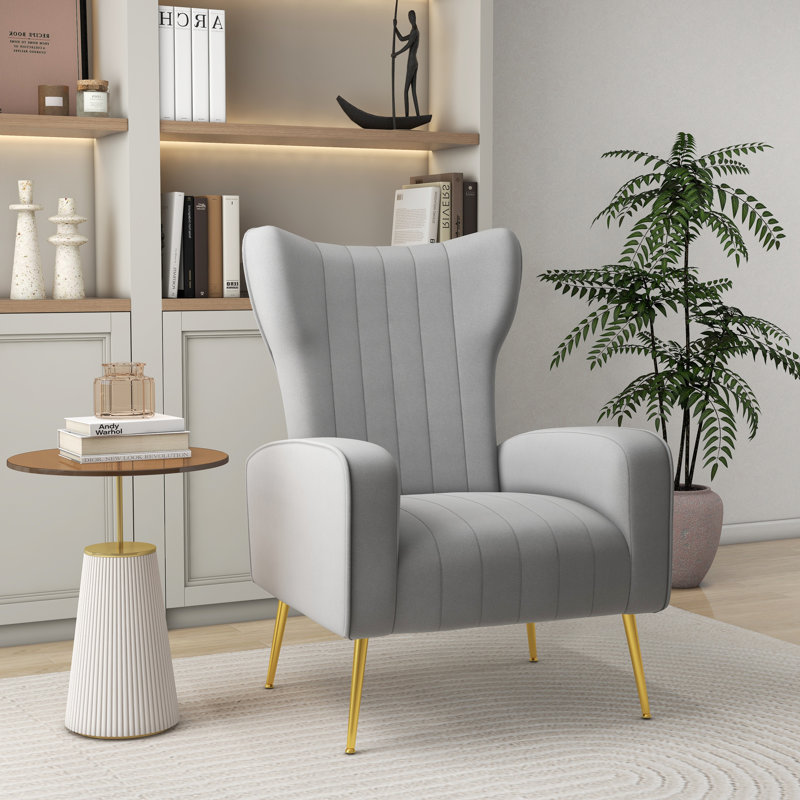 Joshy Upholstered 26.37" Wide Grey Velvet Wingback Armchair with Metal Legs, Grey Velvet