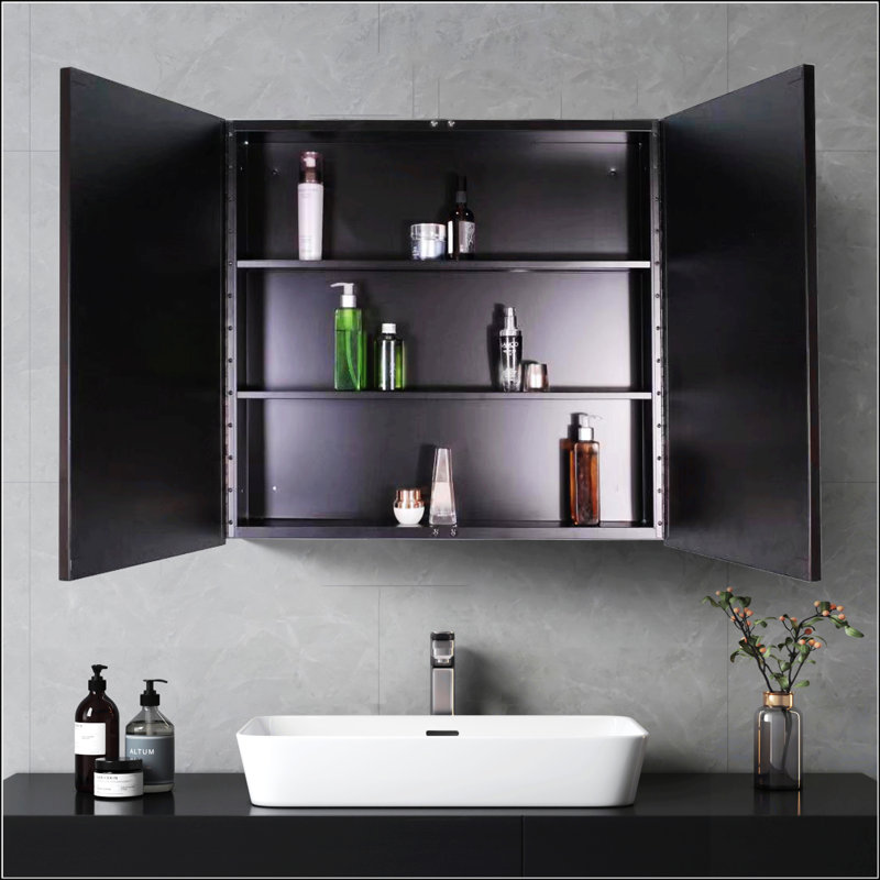 Armoire à pharmacie 26 po x 30 po à fixation murale ou encastrée en métal noir avec miroir