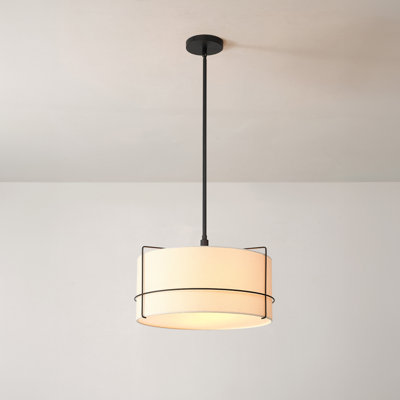 2-Light Pendant Light with Off-White Fabric Shade with Matte Black Frame & Etched Acrylic Plate