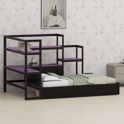 Multifunctional Gaming Bed with Desk, LED Accents, Charging Station & Headboard Storage Solutions
