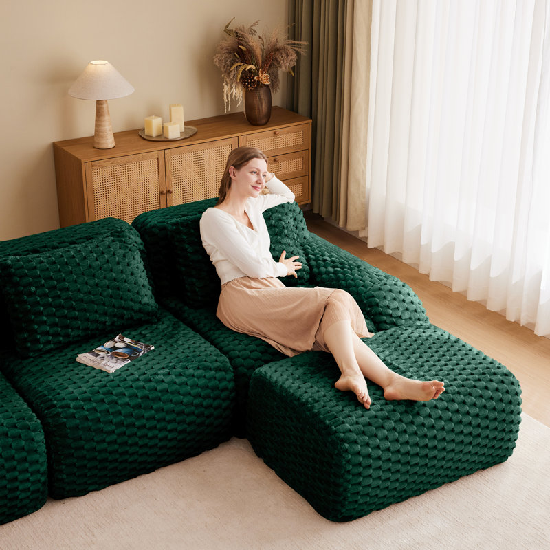 Canapé modulaire en forme de L de 114 po, canapé surdimensionné à assise profonde avec repose-pieds, revêtement en flanelle, vert