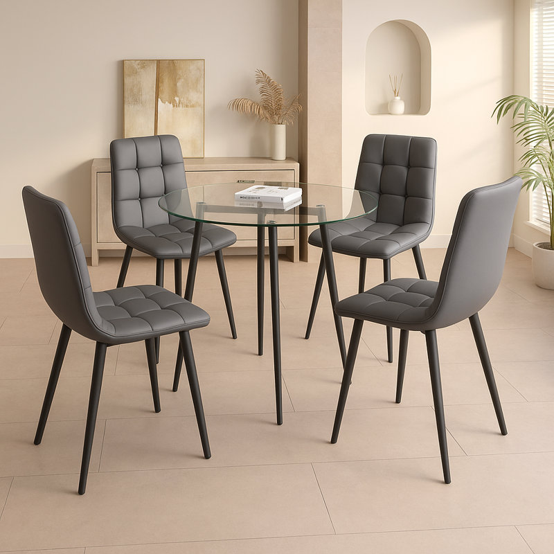 5-Piece Round Dining Set With Glass Table And 4 Upholstered Chairs, Modern PU Leather Seating And Metal Legs