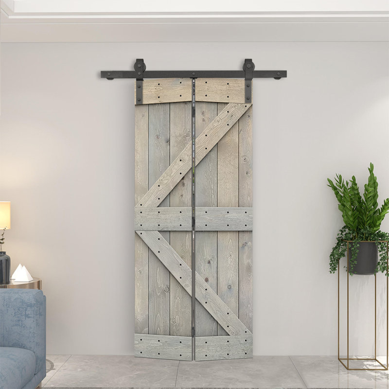 Bi-Fold Pre-assembled Wood Bi-Fold Barn Door with Sliding Hardware Kit, Smoke Gray, 38" x 84"