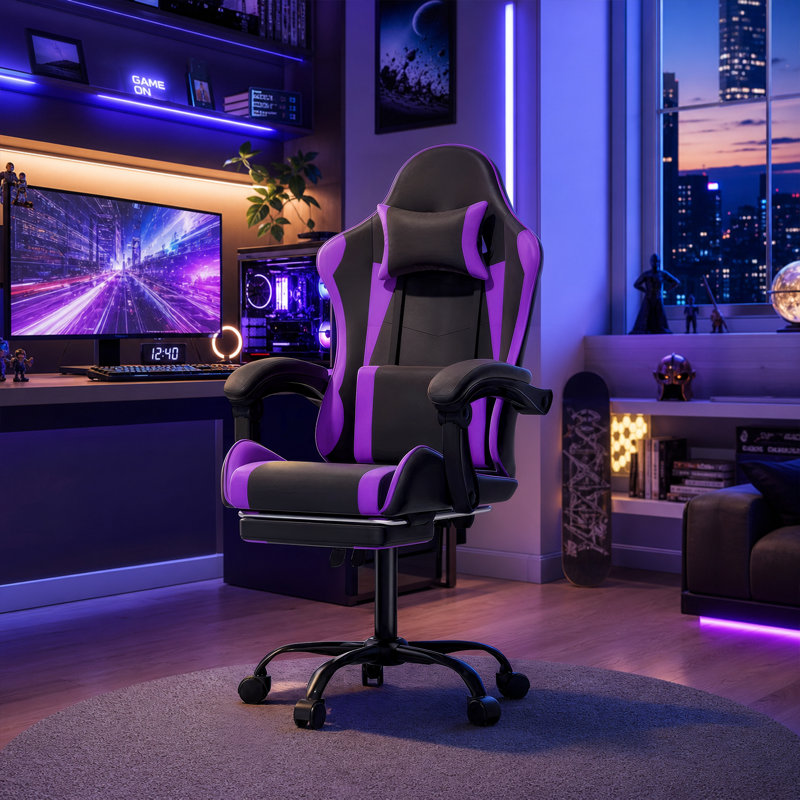 PU Leather Adjustable Gaming Chair, Ergonomic Desk Computer Chair with Headrest, Footrest and Lumbar Support, Purple