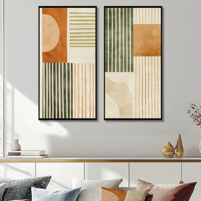 Orange Green Ethereal Optical Currents - Midcentury Modern Framed Wall Art Set of 2